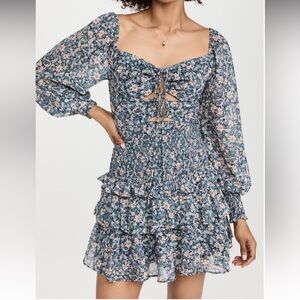 ASTR the Label Blue Peach Multi Floral Long Sleeve Marietta  Mini Dress